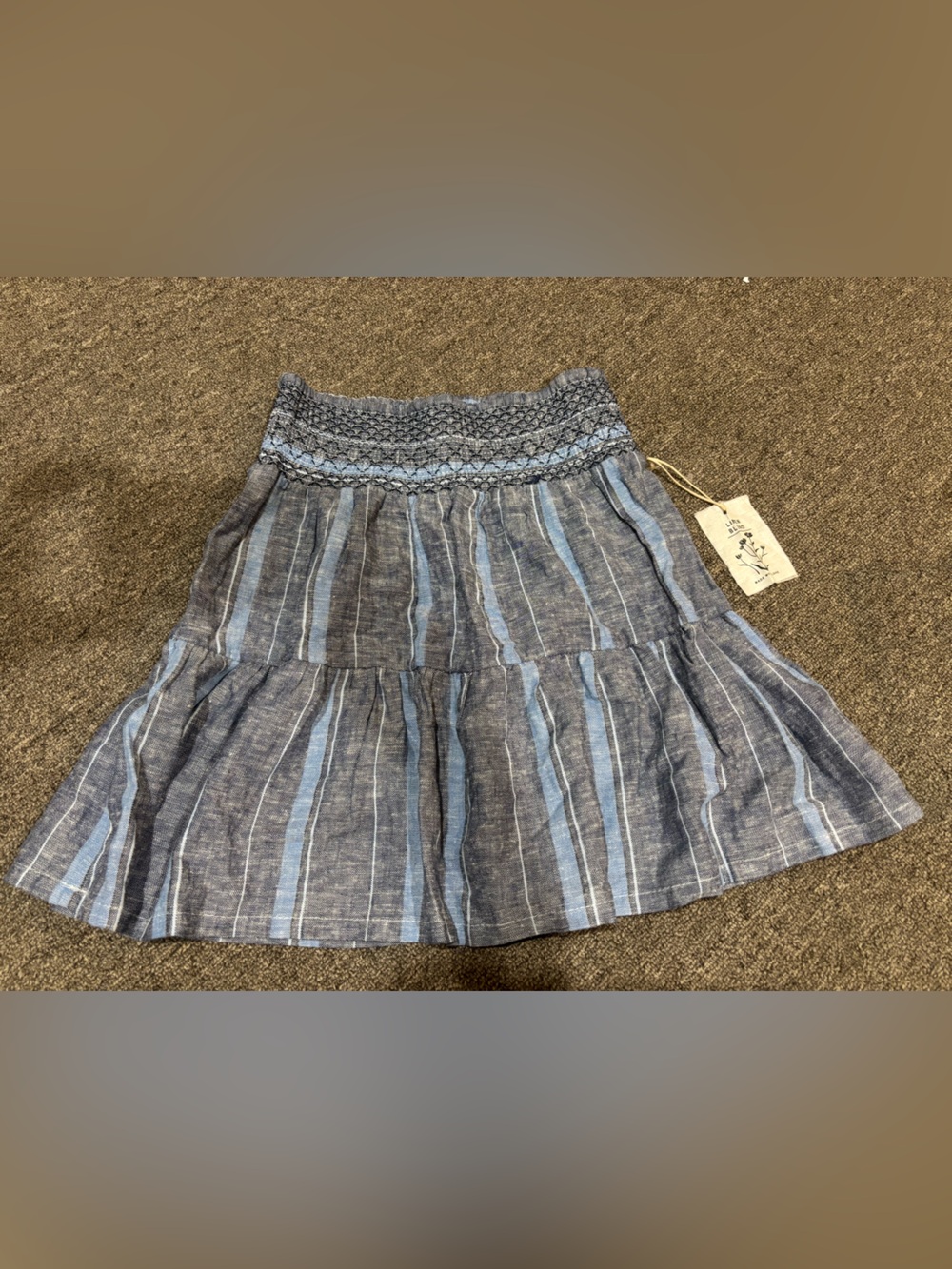 New Indigo Rein Smocked Waist Blue Tiered A Line Skirt Sz S Linen Blend NWT